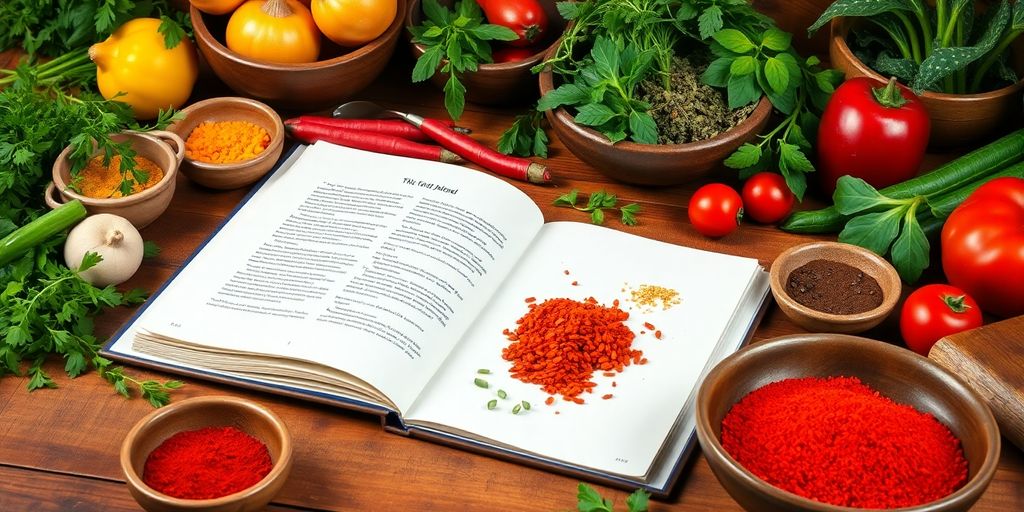 Colorful ingredients and a cookbook in a kitchen.