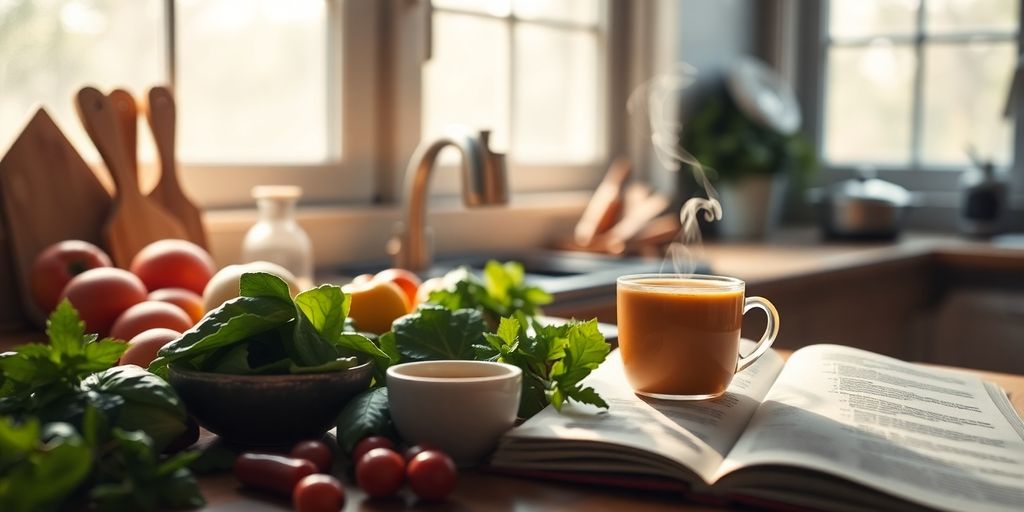 Cozy kitchen with fresh ingredients and a recipe book.