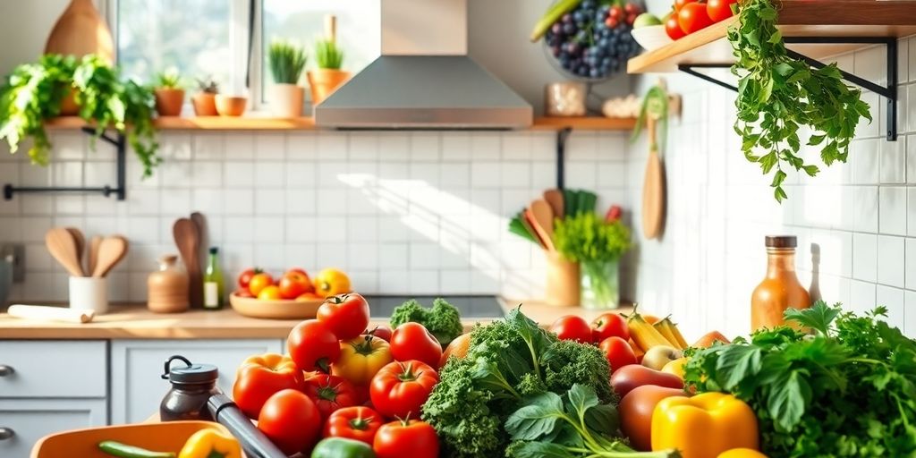 Colorful kitchen with fresh ingredients for healthy cooking.