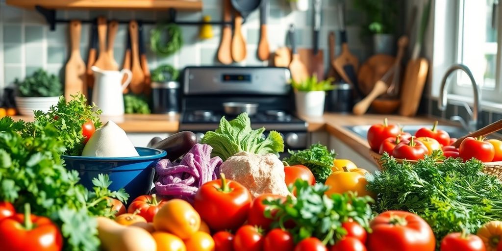 Colorful kitchen with fresh vegetables and cooking utensils.