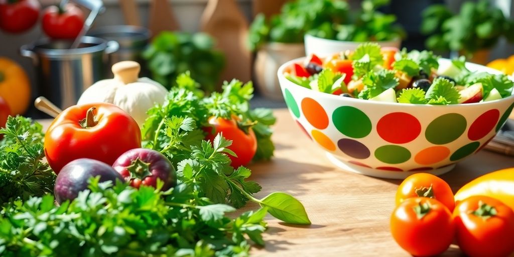 Fresh vegetables and salad bowl in a bright kitchen.