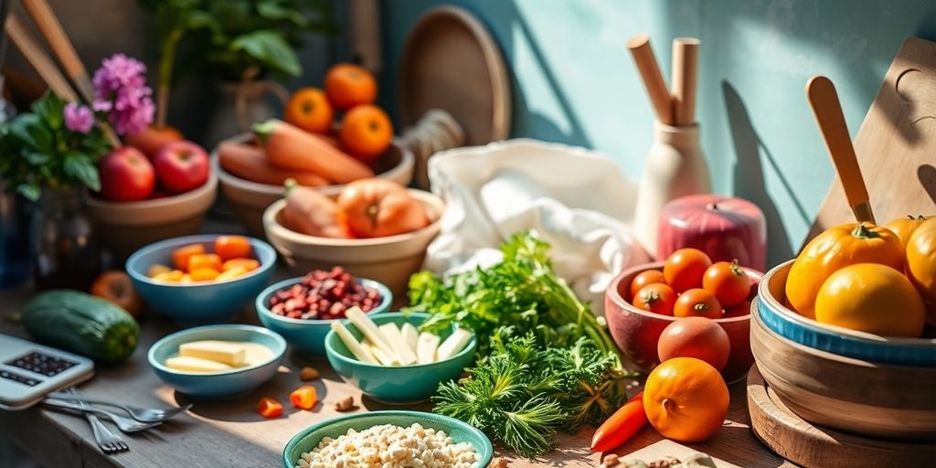 Colorful food photography setup with fresh ingredients and dishes.