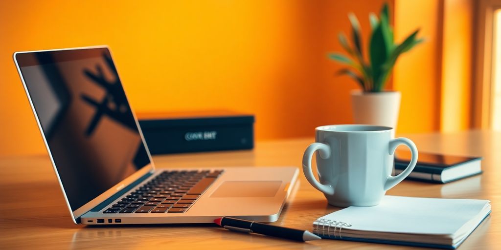 A cozy workspace with a laptop and coffee.