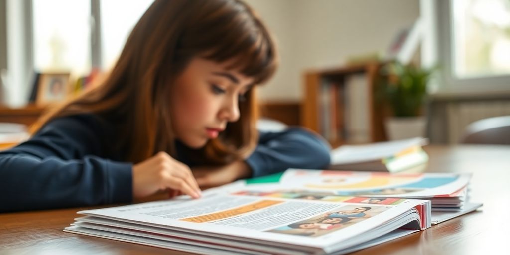 Student studying with colorful study guides on a desk.