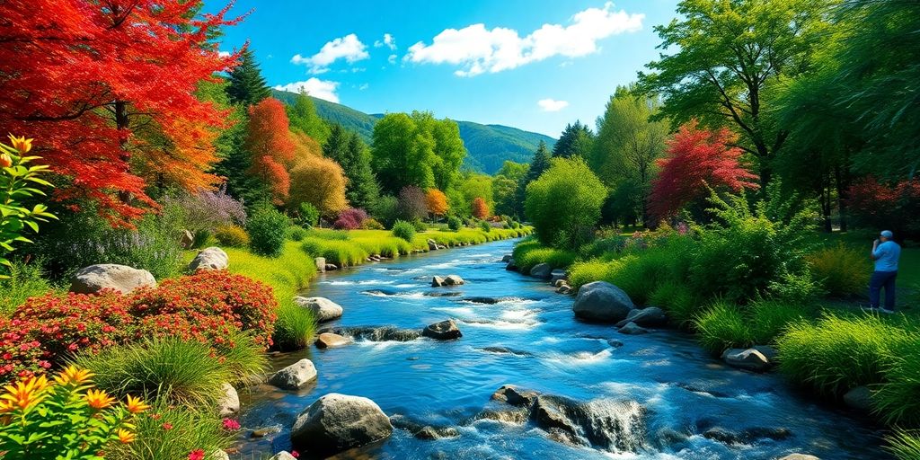 Colorful landscape with river and greenery.