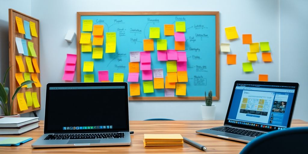 Creative workspace with laptop and colorful sticky notes.