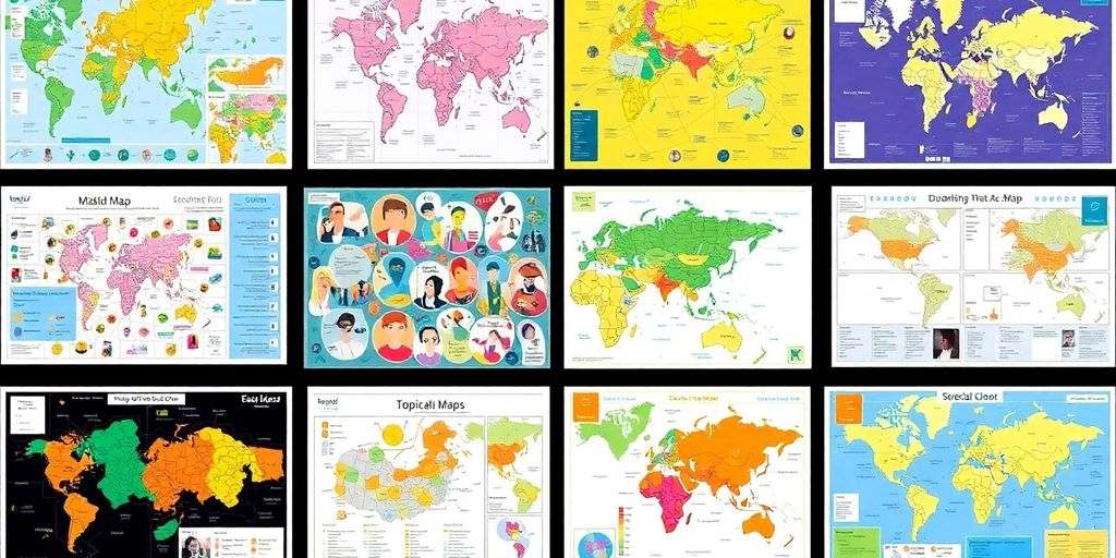 Colorful collage of different topical maps.