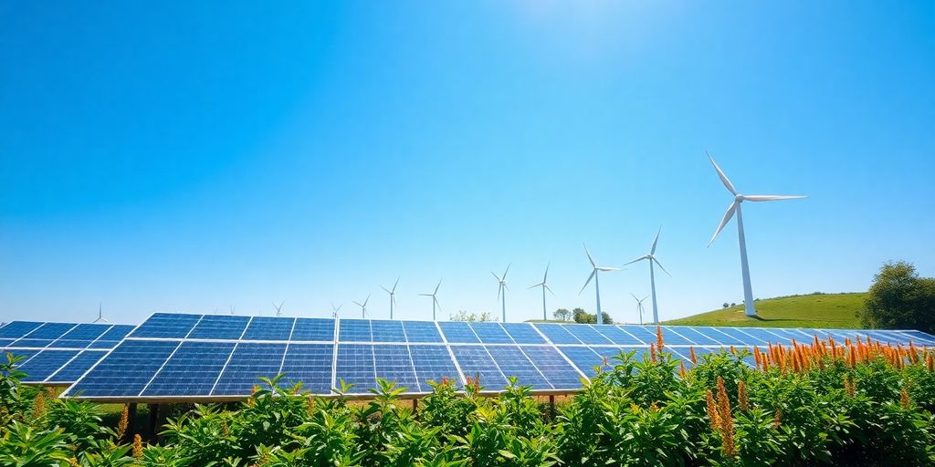 Solar panels and wind turbines in a green landscape.