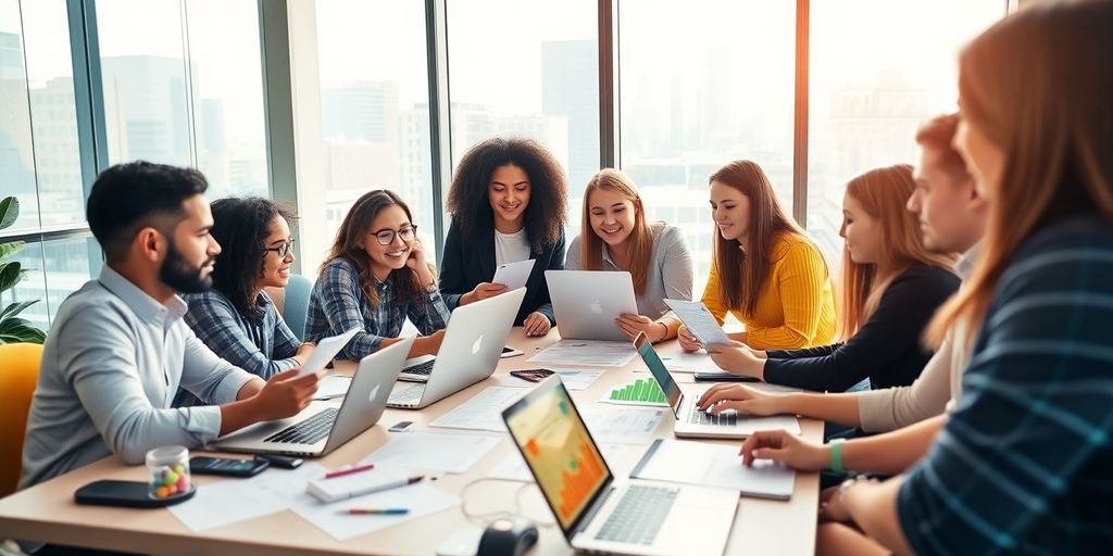 Diverse team collaborating in a modern workspace.