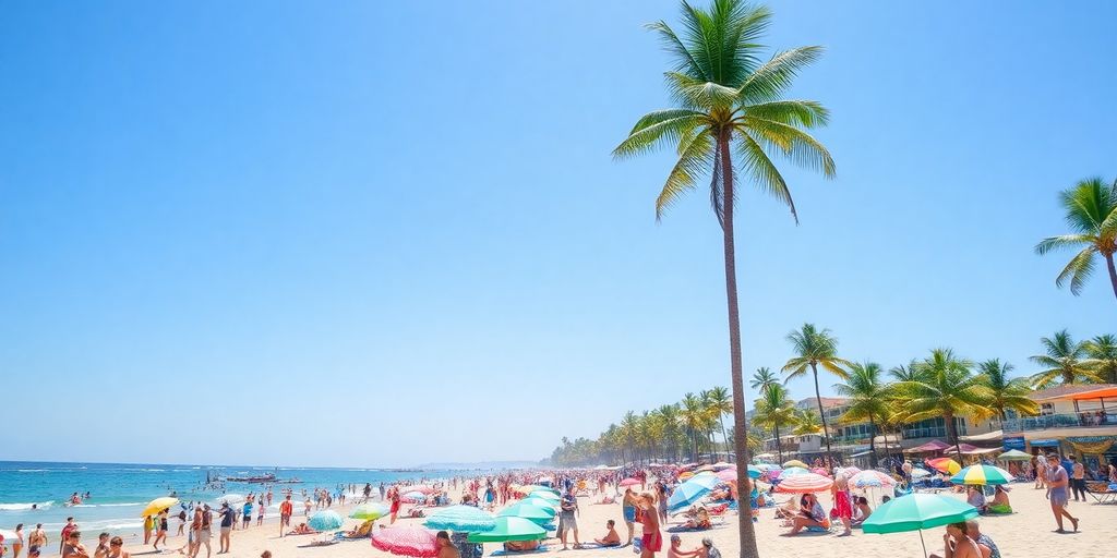 Tourists enjoying a sunny beach vacation with palm trees.