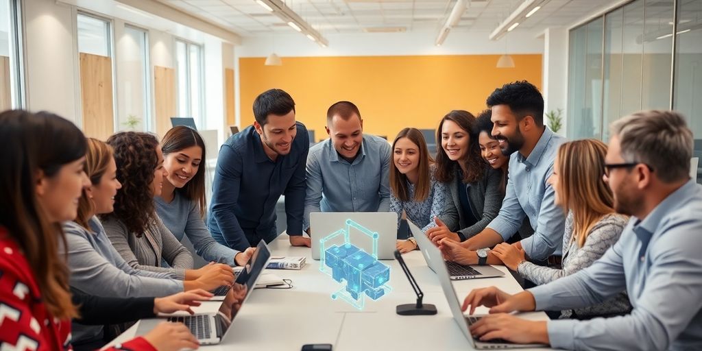 Diverse team collaborating on AI technology in an office.