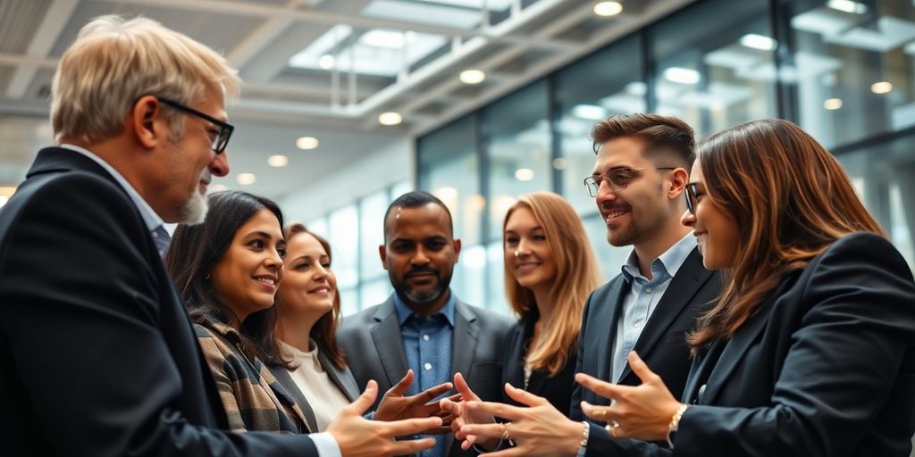 Diverse CEOs discussing AI in a modern office setting.