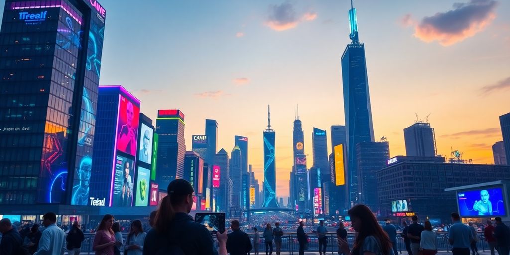 Futuristic cityscape with neon lights and advanced technology.