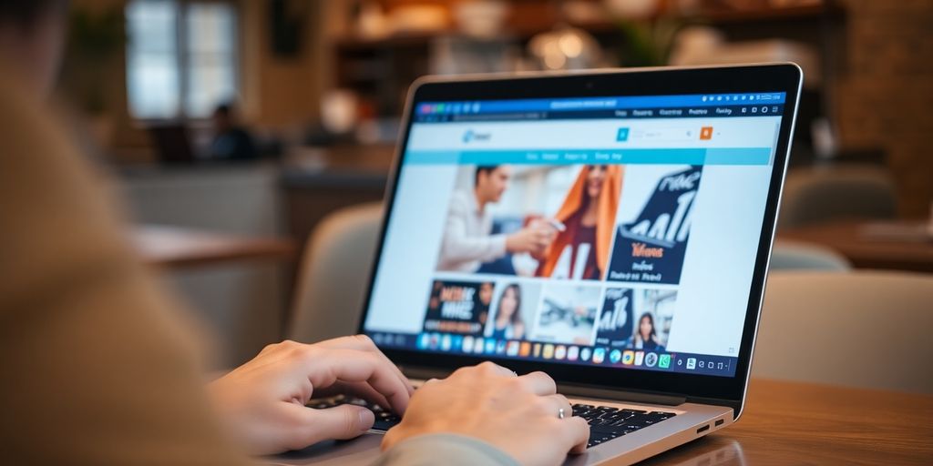 Person using laptop to access websites in coffee shop.