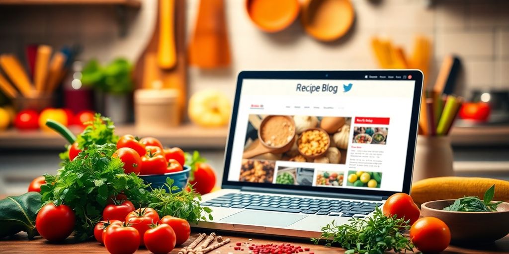 Colorful kitchen with ingredients and a laptop.